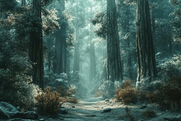 Poster - Mystical forest path, sunlit, tall trees, fog, serene nature.