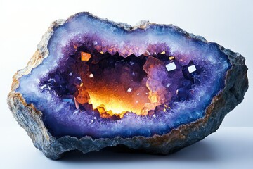Poster - A mesmerizing amethyst geode, showcasing vibrant purple and orange crystals within its cavity.