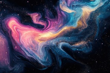 Wall Mural - Abstract cosmic art depicting swirling nebulae in vibrant hues of pink, blue, and gold, speckled with glittering stars.