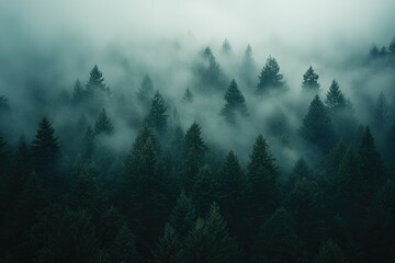 Poster - Misty forest, shrouded in fog, creates an ethereal, serene atmosphere. Dark green conifers create a dense canopy.