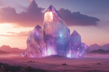 Poster - A massive, glowing purple crystal formation dominates a desolate desert landscape under a vibrant sunset.