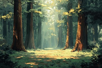 Poster - Sunlit path through a dense forest of towering redwood trees, creating a serene and mystical atmosphere.