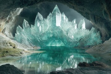 Poster - A breathtaking subterranean scene of giant, teal-hued crystals surrounding a tranquil pool of water within a cavern.