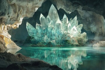 Poster - A mesmerizing underwater cave reveals a breathtaking cluster of luminous crystals reflecting in the tranquil water.