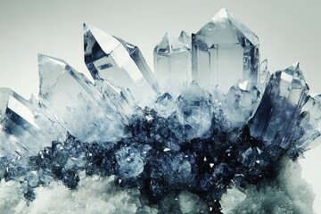 Poster - A cluster of stunning, translucent quartz crystals with sharp points, exhibiting intricate formations and a captivating icy blue hue.