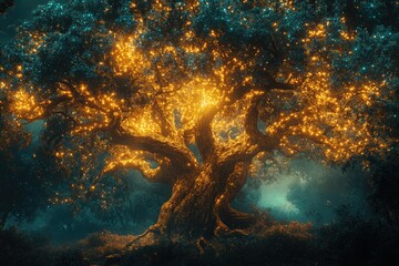 Poster - Enchanted forest tree glowing with magical golden lights at night, mystical scene.