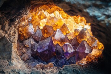 Poster - Luminous amethyst and citrine geode crystals cluster glowing in a dark cave.