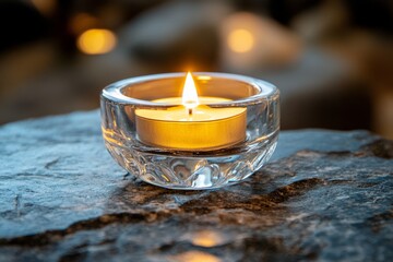 Wall Mural - Small burning tealight candle in decorative glass holder placed on a stone surface, creating warm and inviting atmosphere