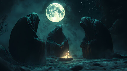 Wall Mural - Mysterious hooded figures performing a dark ritual at night. Midnight Alchemy Rituals. Illustration