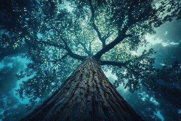 Poster - Enormous tree viewed from below, canopy shimmering with ethereal light, creating a magical, mystical atmosphere.
