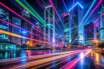 Aufkleber - Neon Lines Night Cityscape: Vibrant Modern Abstract Art Photography