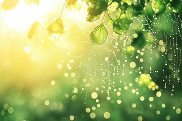Poster - Sunlit dew drops adorn a spiderweb delicately draped amongst vibrant green leaves, creating a serene and enchanting scene.
