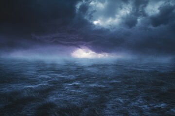Poster - Dark, stormy clouds loom over a vast, misty field, creating an ominous and atmospheric scene.