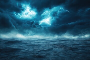 Poster - Dark stormy ocean scene with dramatic lightning illuminating the turbulent waters.