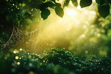 Poster - Dew-kissed spiderweb in a sunlit forest, magical and serene morning scene.