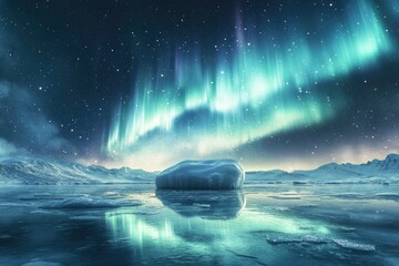 Aufkleber - Arctic landscape at night with vibrant aurora borealis illuminating snowy mountains and icy waters.