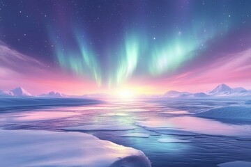 Poster - Arctic sunrise with vibrant aurora borealis illuminating snow-covered landscape.