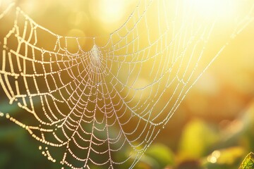 Poster - A spiderweb glistening with morning dew, illuminated by the warm sunlight, a delicate and intricate natural design.