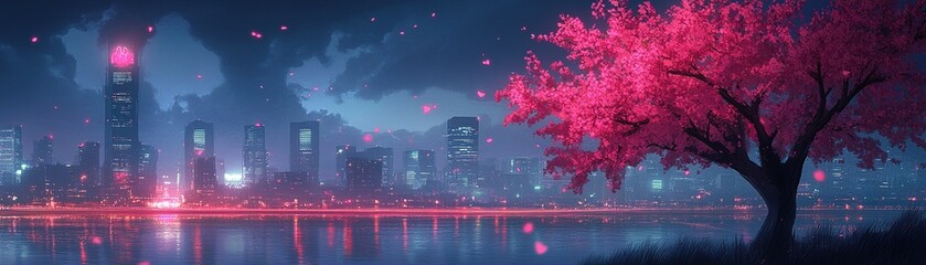 Poster - Serene cherry blossom event futuristic cityscape digital artwork night environment aesthetic viewpoint