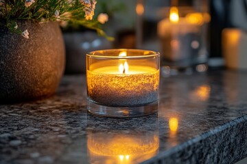 Wall Mural - Burning scented candle in glass jar adds a touch of warmth and coziness to a granite countertop, creating a relaxing and inviting ambiance