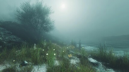  Misty landscape with wildflowers tranquil lake nature scene serene environment wide view natural beauty