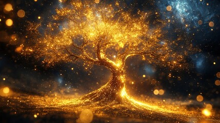Poster - Illuminated golden tree enchanted forest digital art surreal environment close-up view nature's magic
