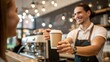 © Nada - Close up bartender barista serving customer at coffee shop in takeaway paper.