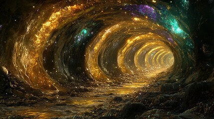 Poster - Journey through a celestial tunnel fantasy realm digital art cosmic environment atmospheric perspective