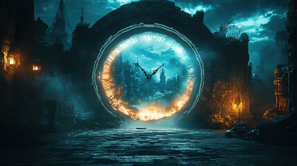 Poster - Mysterious portal opening enchanted forest digital art dark fantasy wide view otherworldly adventure