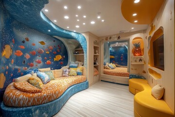 Wall Mural - Luxurious kid's bedroom with an underwater theme, featuring colorful fish decorations, a comfortable sofa, and a cozy bed