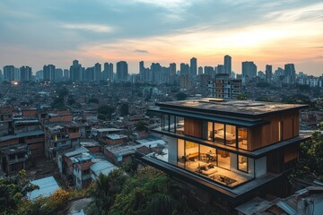 Luxurious house rising above a shanty town highlighting social inequality