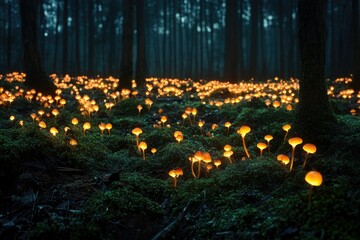 Poster - Glowing mushrooms illuminate a dark forest floor, creating a magical, enchanting scene.