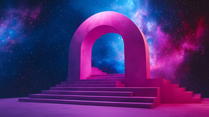 Wall Mural - 3d render arch stage with stairs in cosmic galaxy celestial sky color blue pink purple stars background backdrop photo product banner. Celestial Staircases. Illustration