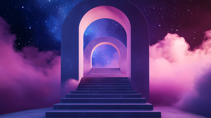 Wall Mural - 3d render arch stage with stairs in cosmic galaxy celestial color blue pink purple stars background backdrop photo product banner. Celestial Staircases. Illustration