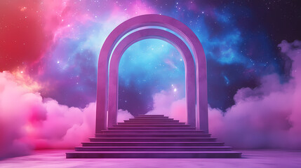 Wall Mural - 3d render arch stage with stairs in cosmic galaxy celestial sky color blue pink purple stars background backdrop photo product banner. Celestial Staircases. Illustration