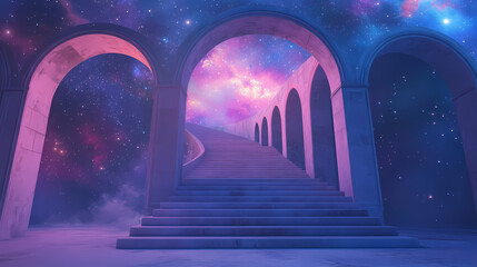 Wall Mural - 3d render arch stage with stairs in cosmic galaxy celestial color blue pink purple stars background backdrop photo product banner. Celestial Staircases. Illustration