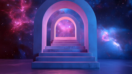 Wall Mural - 3d render arch stage with stairs in cosmic galaxy celestial color blue pink purple stars background backdrop photo product banner. Celestial Staircases. Illustration