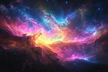 Poster - A vibrant nebula bursts with color across the cosmos, stars twinkling amidst swirling clouds of gas and dust.
