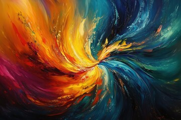 Poster - Abstract swirling vortex of vibrant warm and cool colors, a dynamic interplay of texture and energy.