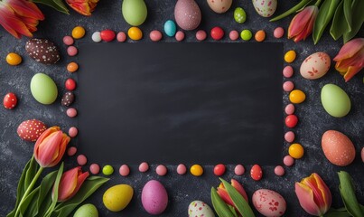 Sticker - Easter-themed blank blackboard background with tulips, eggs, and candy scattered around the edges of the frame. Easter concept mockup for a design template