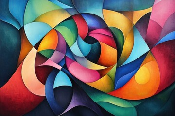 Aufkleber - Abstract painting with vibrant, multicolored, geometric shapes creating a dynamic and swirling composition.
