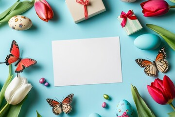 Sticker - Easter-themed blank white card surrounded by tulips, butterflies, and colorful eggs with small gifts on a light blue background