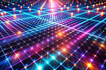 Aufkleber - Panoramic Abstract Digital Grid: Glowing Pink, Blue & Orange Lights