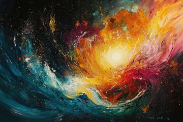 Poster - Abstract cosmic artwork depicting a vibrant, swirling nebula with contrasting colors and textures, evoking feelings of energy and wonder.