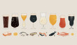 © Lena - beer set. Beer, pub food. Beer day. A flat-style illustration of a food pairing chart with different beers and matching dishes like cheese, steak, and seafood