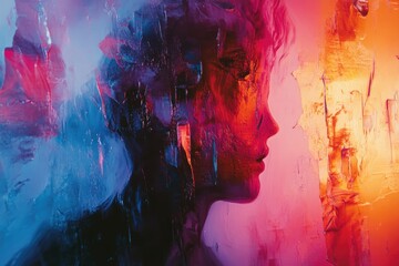 Poster - Abstract portrait of a woman's profile, painted in vibrant, contrasting colors of red, blue, and orange.