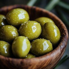 Wall Mural - green olives, freshly washed and glistening with water droplets, nestled in a rustic wooden bowl