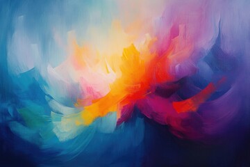 Aufkleber - Abstract painting with vibrant hues of blue, teal, orange, pink, and purple, creating a dynamic and energetic composition.