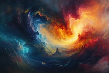 Poster - Abstract cosmic art depicting a swirling nebula with vibrant hues of blue, teal, orange, and red, creating a dramatic and ethereal scene.