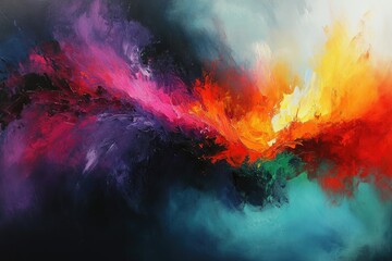 Aufkleber - Vibrant abstract painting with swirling colors of purple, pink, orange, and teal, creating a dynamic and energetic composition.
